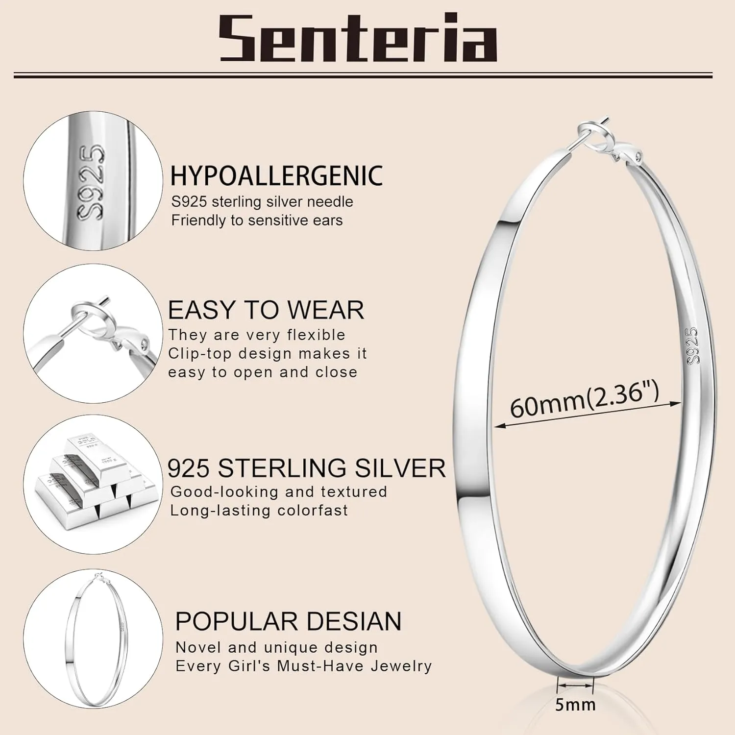 Senteria 5MM Wide 925 Sterling Silver Hoop Earrings for Women Hypoallergenic Extra Large Silver Hoops Earrings Large Oversize Big Thick Hoop Earrings for Women 30/40/50/60/70MM