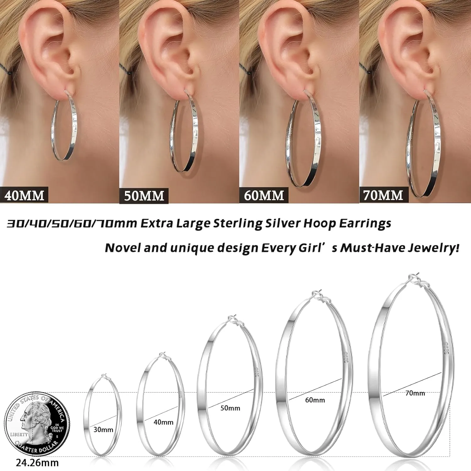 Senteria 5MM Wide 925 Sterling Silver Hoop Earrings for Women Hypoallergenic Extra Large Silver Hoops Earrings Large Oversize Big Thick Hoop Earrings for Women 30/40/50/60/70MM