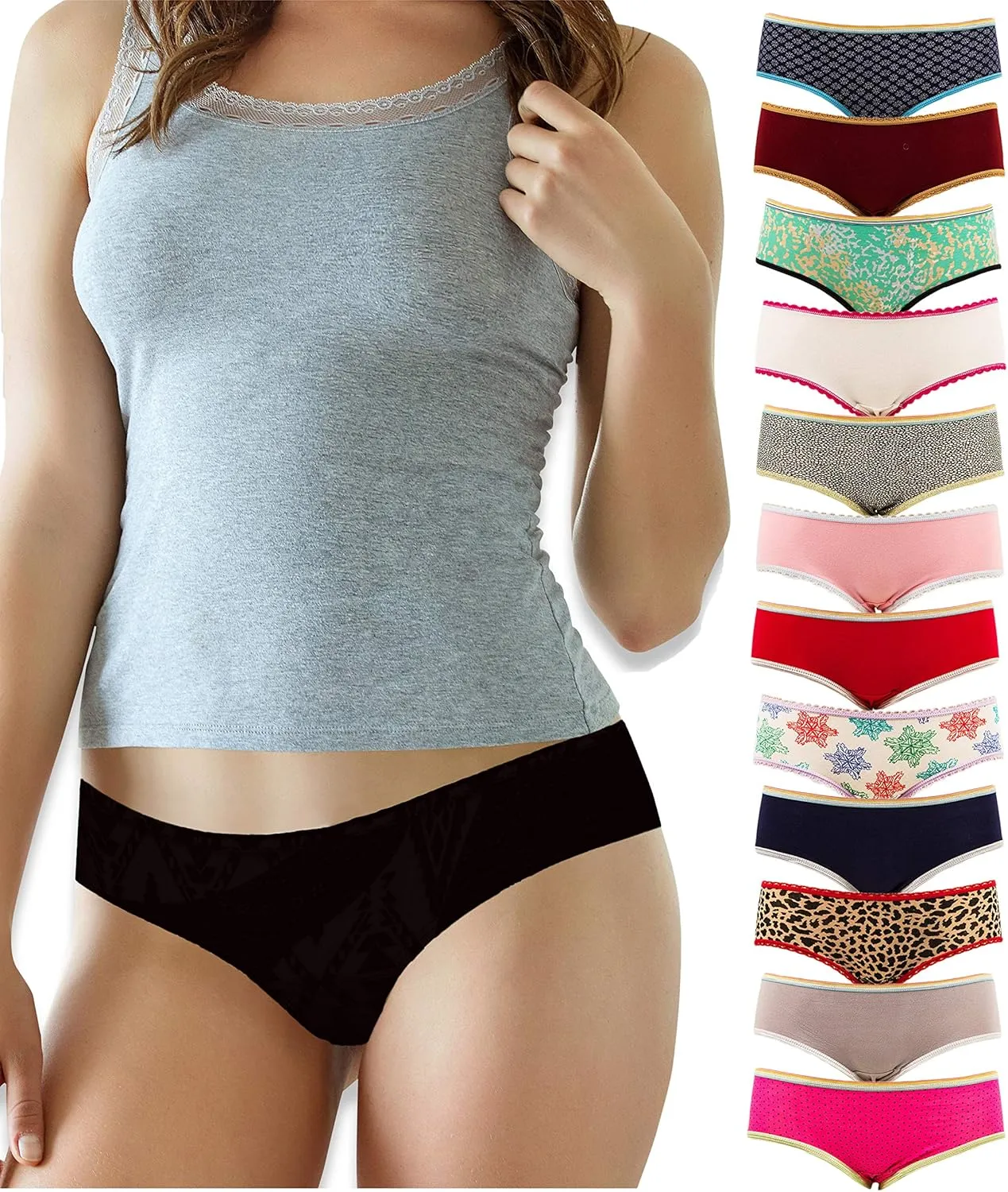 Sexy Basics Women's 12 Pack Cotton Spandex Flexible Fit Hipster Panties