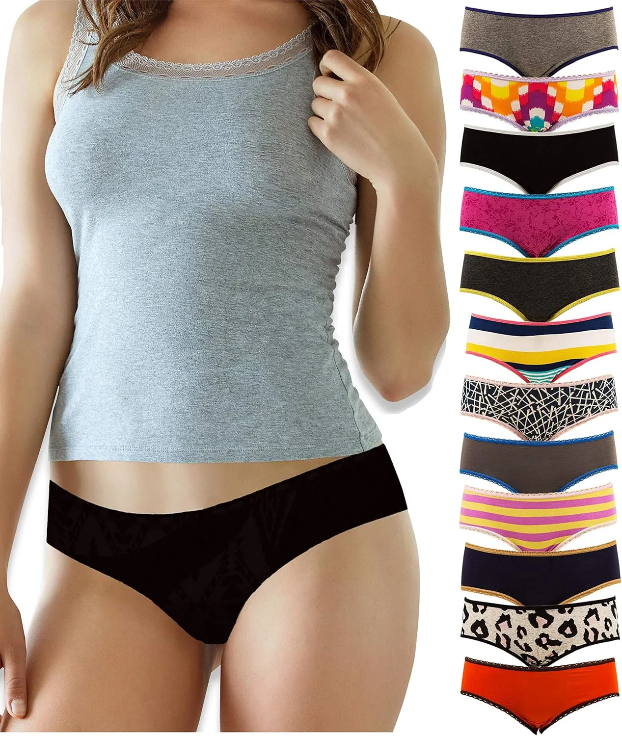 Sexy Basics Women's 12 Pack Cotton Spandex Flexible Fit Hipster Panties