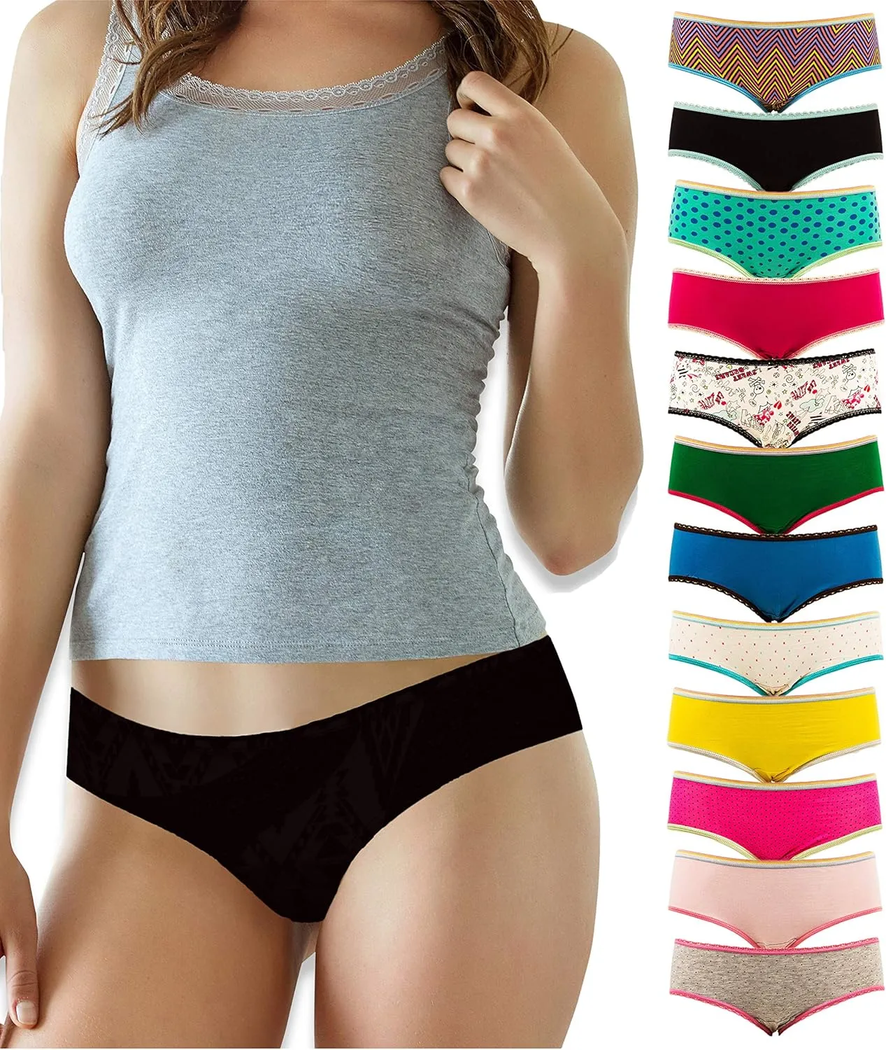 Sexy Basics Women's 12 Pack Cotton Spandex Flexible Fit Hipster Panties