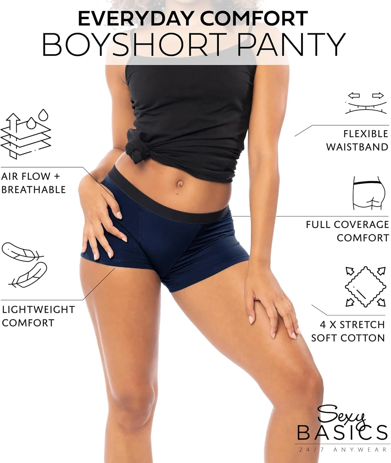 Sexy Basics Women's 6 Pack & 12 Pack Active Boy Short - Boxer Brief Cotton-Stretch Panties