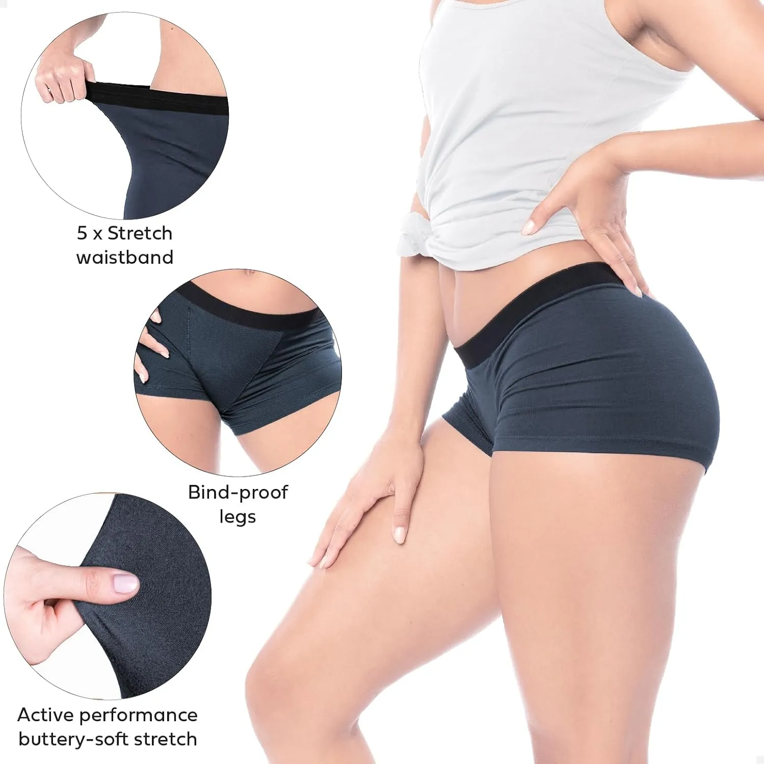 Sexy Basics Women's 6 Pack Modern Active Buttery Soft Boy Short Boxer Brief Panties