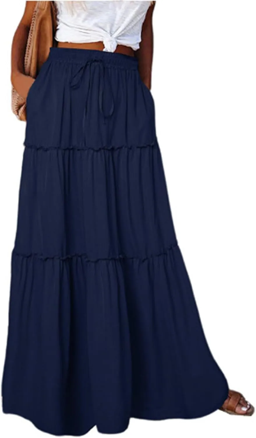 Silk Maxi Skirts for Women Long Tiered Elastic High Waisted Skirts Drawstring Pleated Dance Flowy Skirt with Pockets