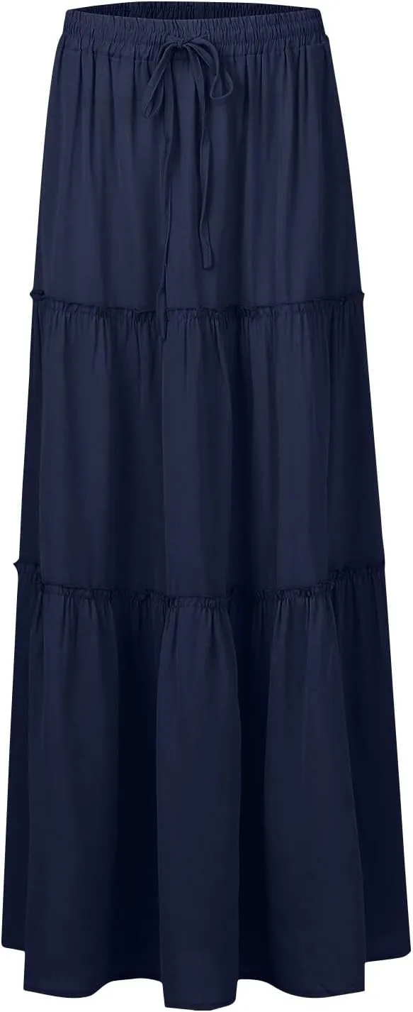 Silk Maxi Skirts for Women Long Tiered Elastic High Waisted Skirts Drawstring Pleated Dance Flowy Skirt with Pockets