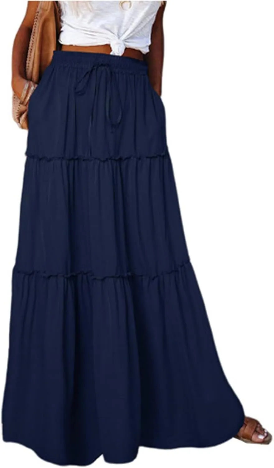 Silk Maxi Skirts for Women Long Tiered Elastic High Waisted Skirts Drawstring Pleated Dance Flowy Skirt with Pockets