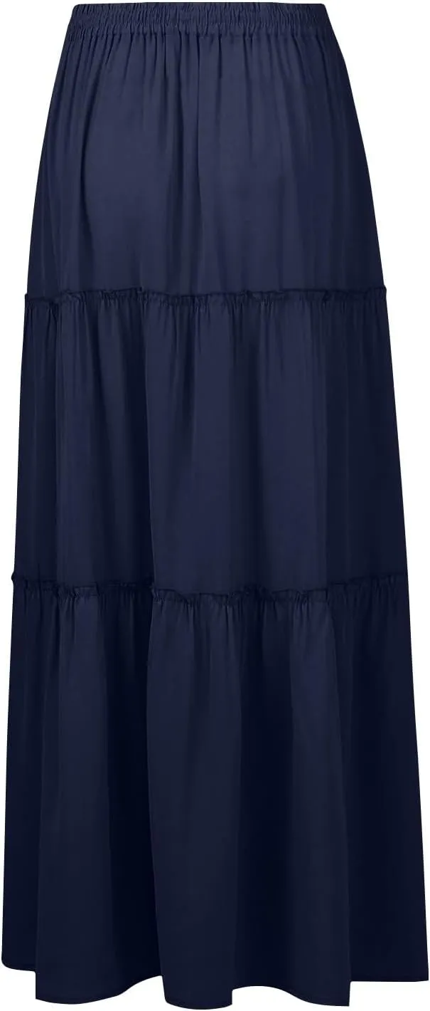 Silk Maxi Skirts for Women Long Tiered Elastic High Waisted Skirts Drawstring Pleated Dance Flowy Skirt with Pockets