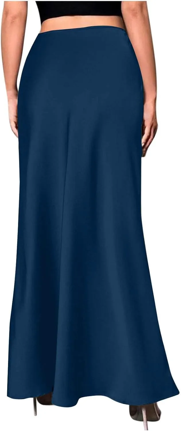 Silk Satin Maxi Skirt for Women Solid Fashion Elegant High Waisted Skirts Summer Cocktail Party Wedding A Line Skort