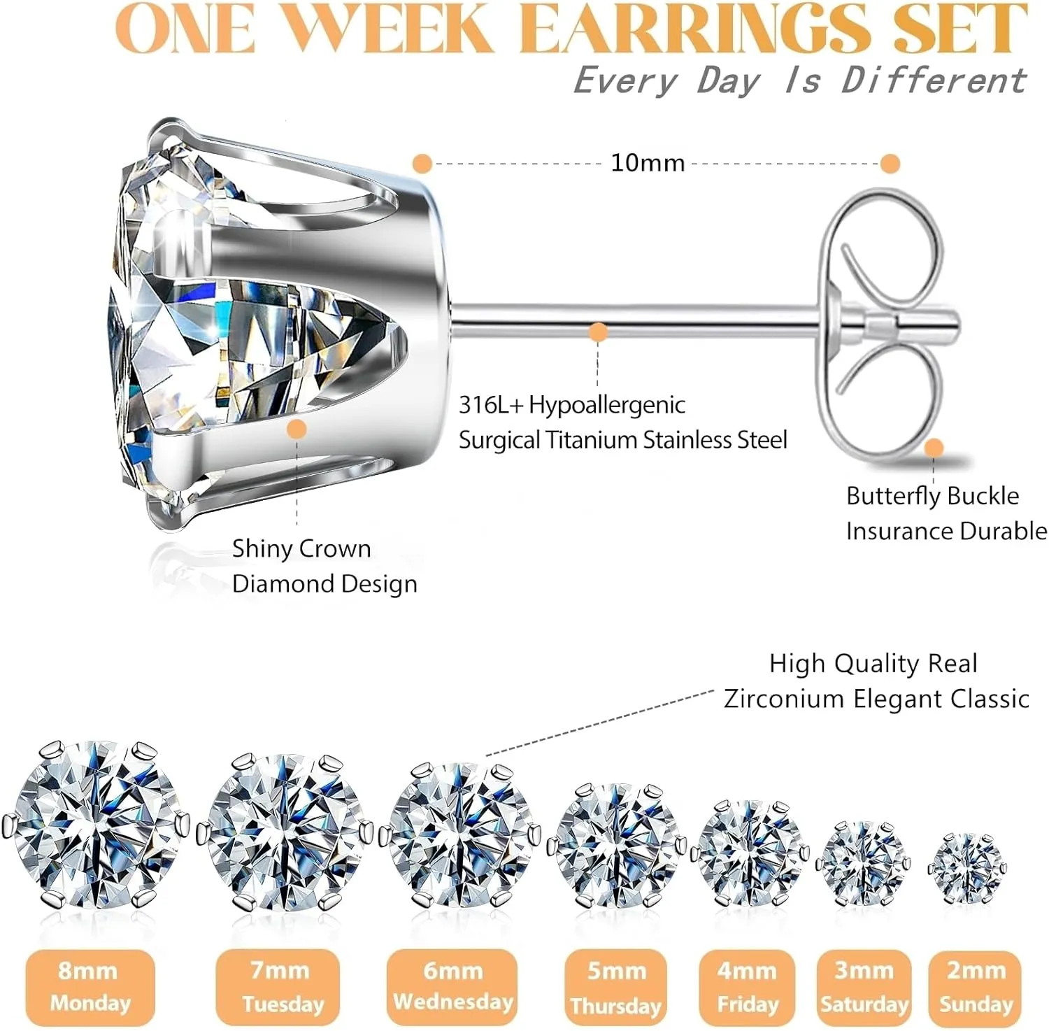 Silver Gold Black Stud Earrings Set 7Pairs Hypoallergenic Cubic Zirconia Titanium Stainless Steel Silver Rose Gold Black CZ Cartilage Stud Earrings Jewelry Sets for Women Men, 2-8mm CZ Studs Earrings