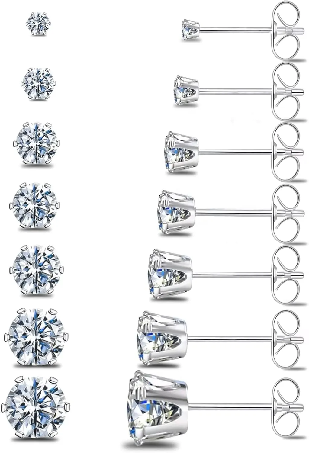 Silver Gold Black Stud Earrings Set 7Pairs Hypoallergenic Cubic Zirconia Titanium Stainless Steel Silver Rose Gold Black CZ Cartilage Stud Earrings Jewelry Sets for Women Men, 2-8mm CZ Studs Earrings