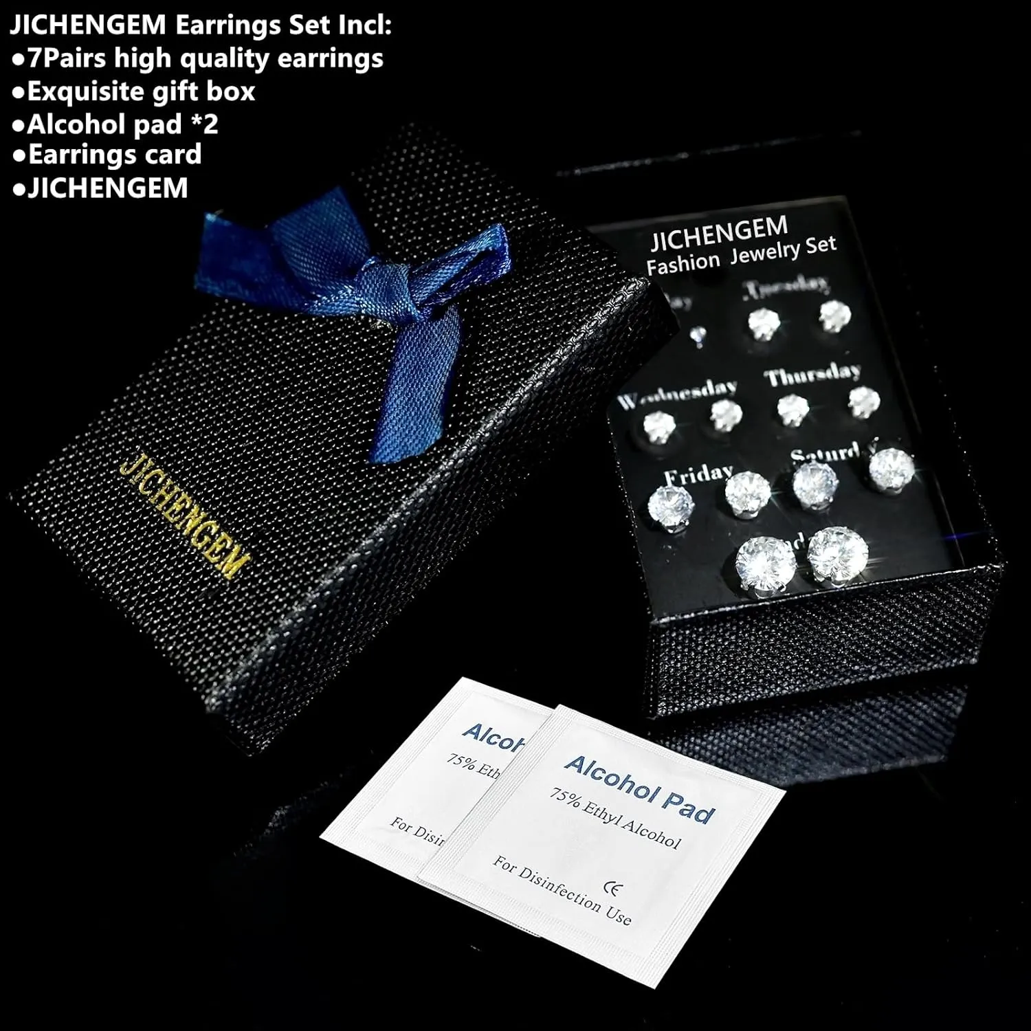 Silver Gold Black Stud Earrings Set 7Pairs Hypoallergenic Cubic Zirconia Titanium Stainless Steel Silver Rose Gold Black CZ Cartilage Stud Earrings Jewelry Sets for Women Men, 2-8mm CZ Studs Earrings