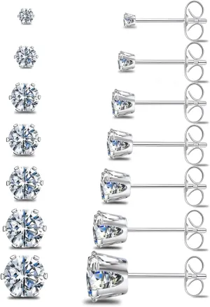 Silver Gold Black Stud Earrings Set 7Pairs Hypoallergenic Cubic Zirconia Titanium Stainless Steel Silver Rose Gold Black CZ Cartilage Stud Earrings Jewelry Sets for Women Men, 2-8mm CZ Studs Earrings