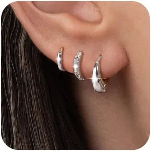 Silver Hoop Earrings Set for Women, Sterling Silver Plated Small Huggie Hoop Earrings Dainty Cartilage Earrings Lightweight Hypoallergenic CZ Multiple Piercings Earring Trendy Jewelry Gifts