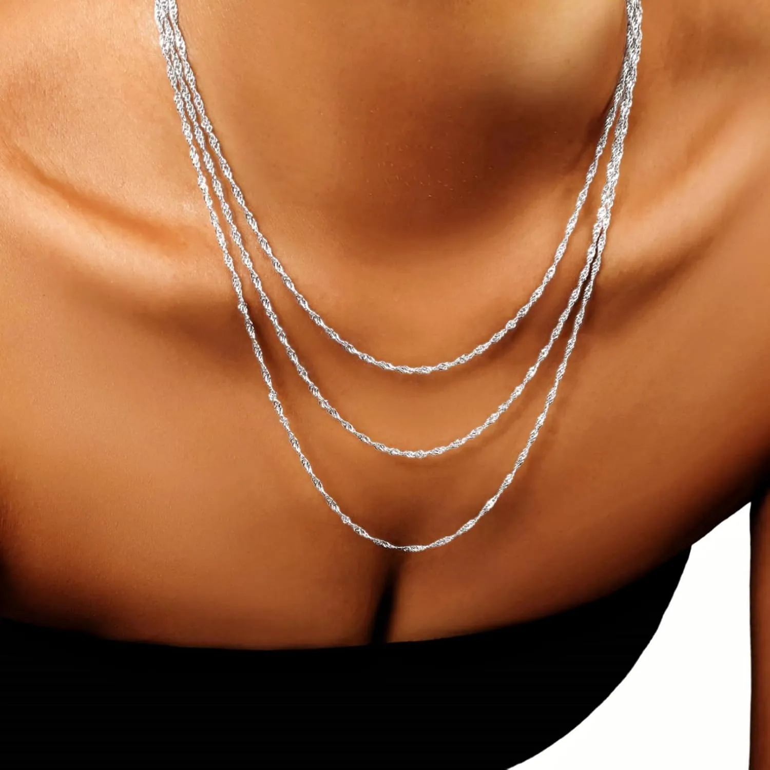 Silver Layered Necklaces for Women,925 Sterling Silver Plated Chain Choker Necklace Stack, Herringbone Paperclip Silver Necklace Set