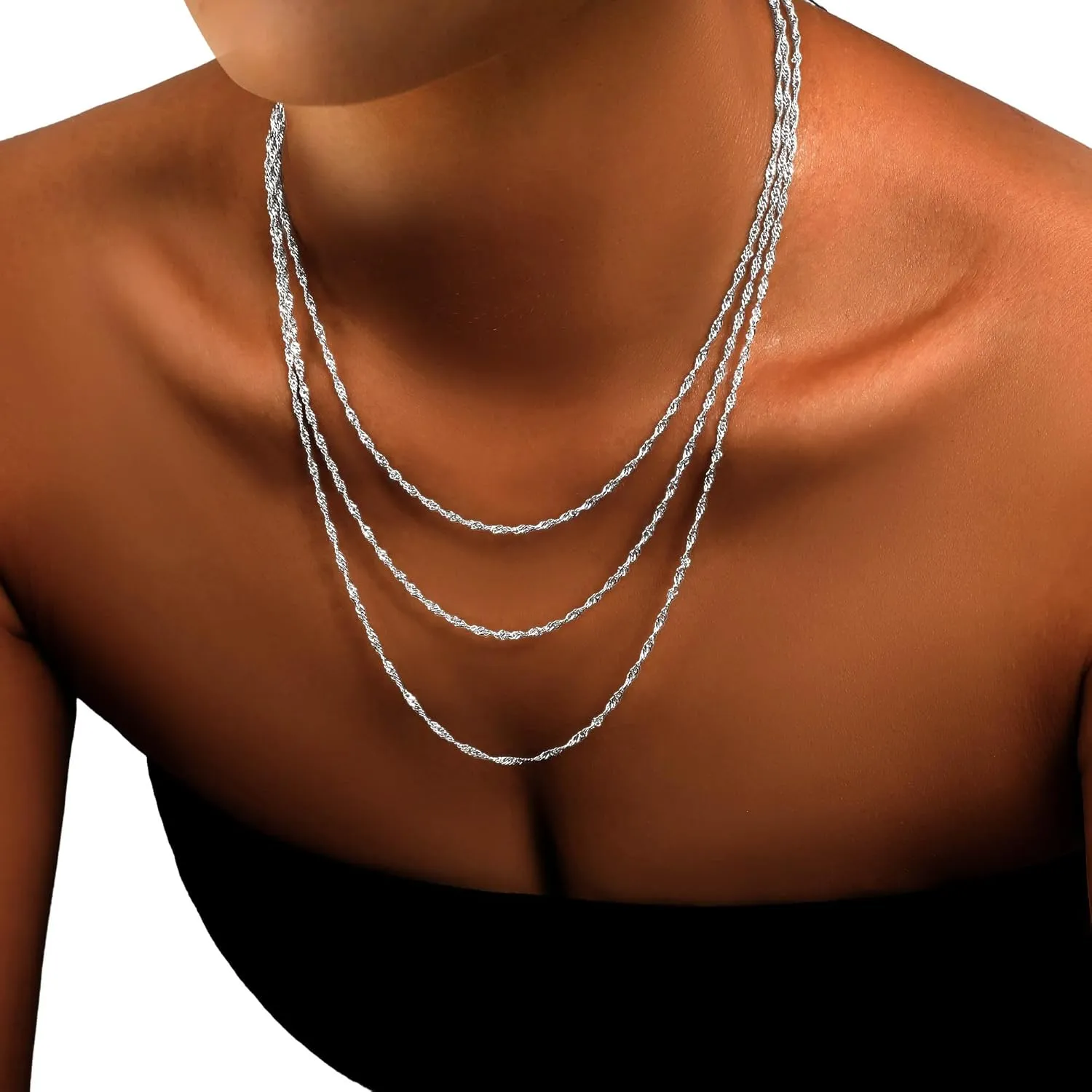 Silver Layered Necklaces for Women,925 Sterling Silver Plated Chain Choker Necklace Stack, Herringbone Paperclip Silver Necklace Set