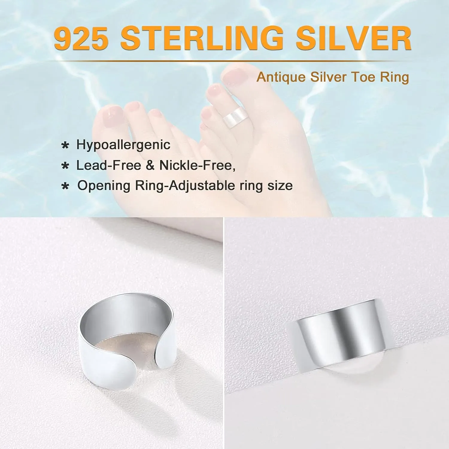 SILVERCUTE Toe Ring, Chic 925 Stamped Toe Ring, Band/Leaf Toe Ring, Sterling Silver Open Adjustable Toe Ring Set, Adjustable Pinky Rings