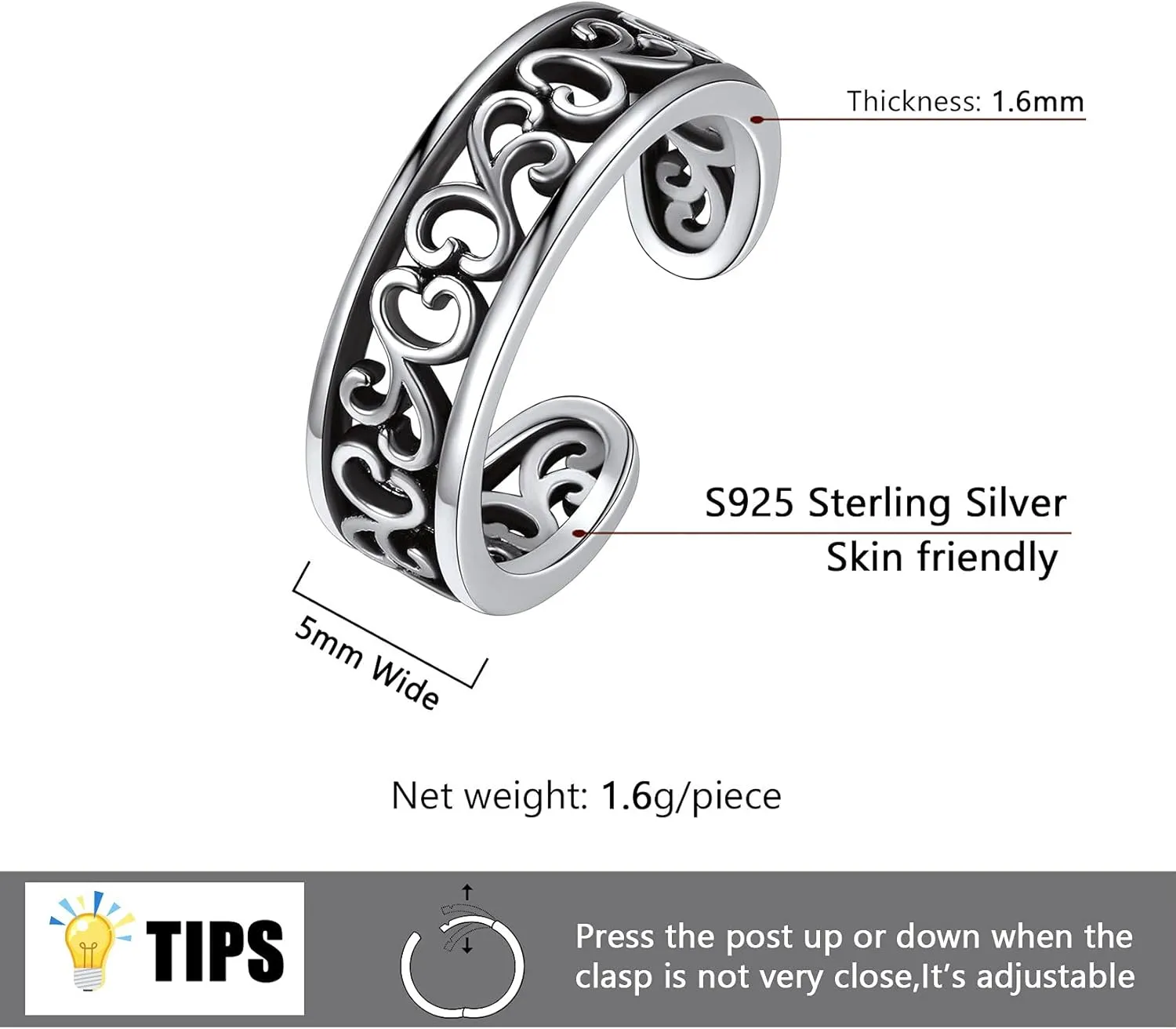 SILVERCUTE Toe Ring, Chic 925 Stamped Toe Ring, Band/Leaf Toe Ring, Sterling Silver Open Adjustable Toe Ring Set, Adjustable Pinky Rings