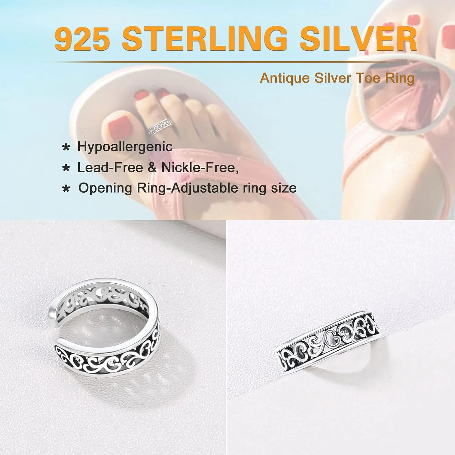 SILVERCUTE Toe Ring, Chic 925 Stamped Toe Ring, Band/Leaf Toe Ring, Sterling Silver Open Adjustable Toe Ring Set, Adjustable Pinky Rings