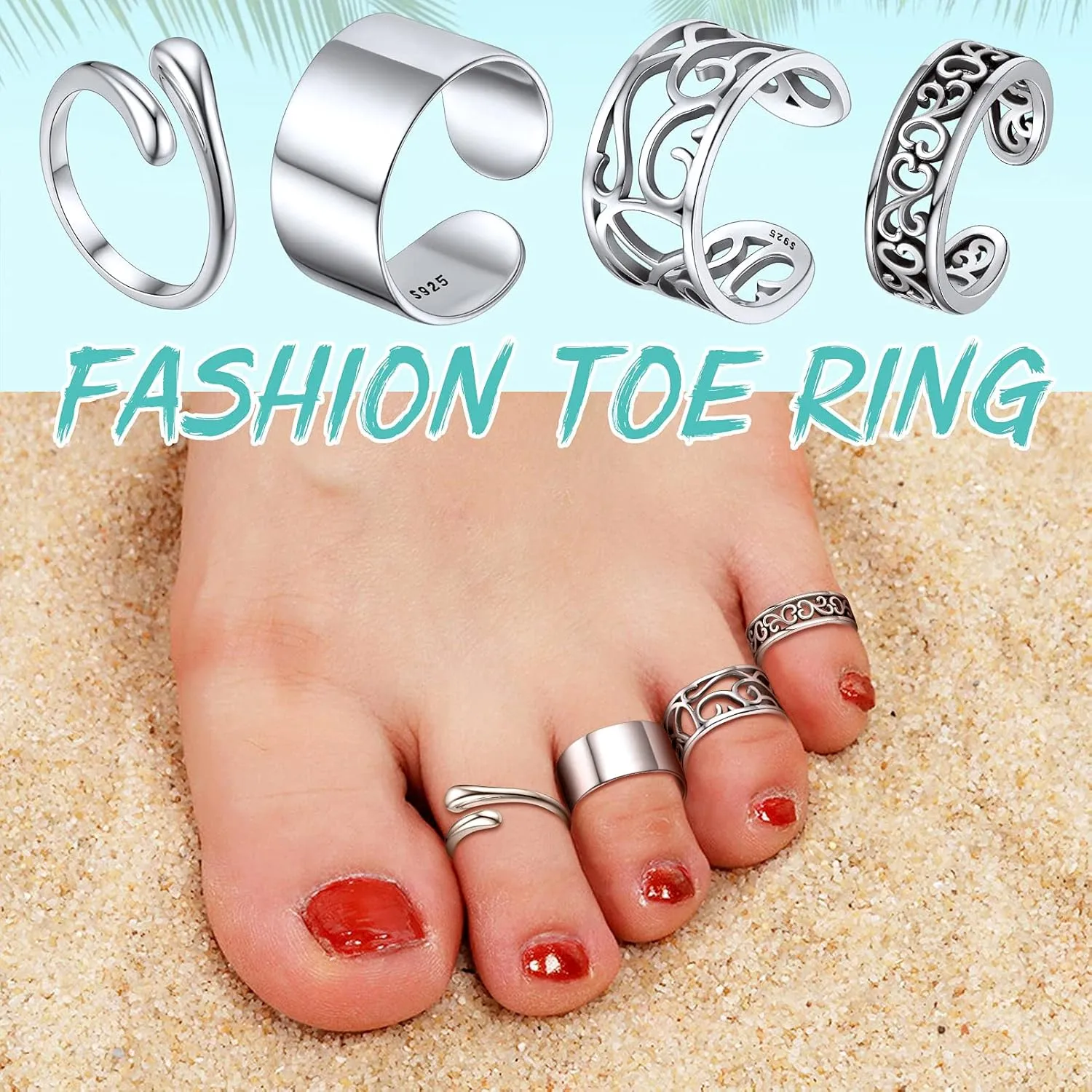 SILVERCUTE Toe Ring, Chic 925 Stamped Toe Ring, Band/Leaf Toe Ring, Sterling Silver Open Adjustable Toe Ring Set, Adjustable Pinky Rings