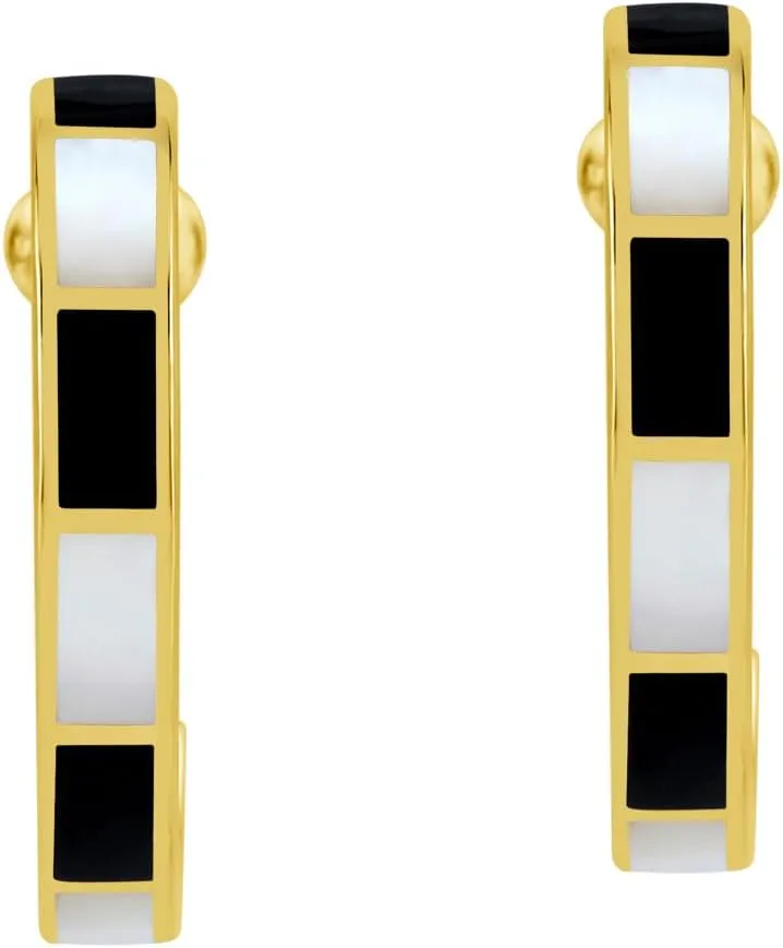 Silvershake Stone Inlay White Gold Plated or Yellow Gold Plated 925 Sterling Silver 25MM or Approx 1 Inch Flat C Hoop Stud Earrings Jewelry for Women