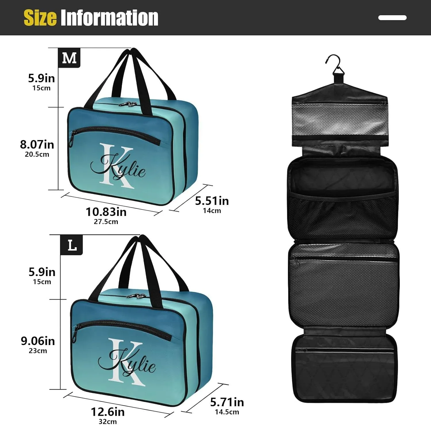 Sinestour Blue Gradient Personalized Toiletry Bag for Women Men Travel Makeup Bag Organizer with Hanging Hook Cosmetic Bags Hanging Toiletry Bag Travel Bag for Toiletries Accessories Gifts Shampoo