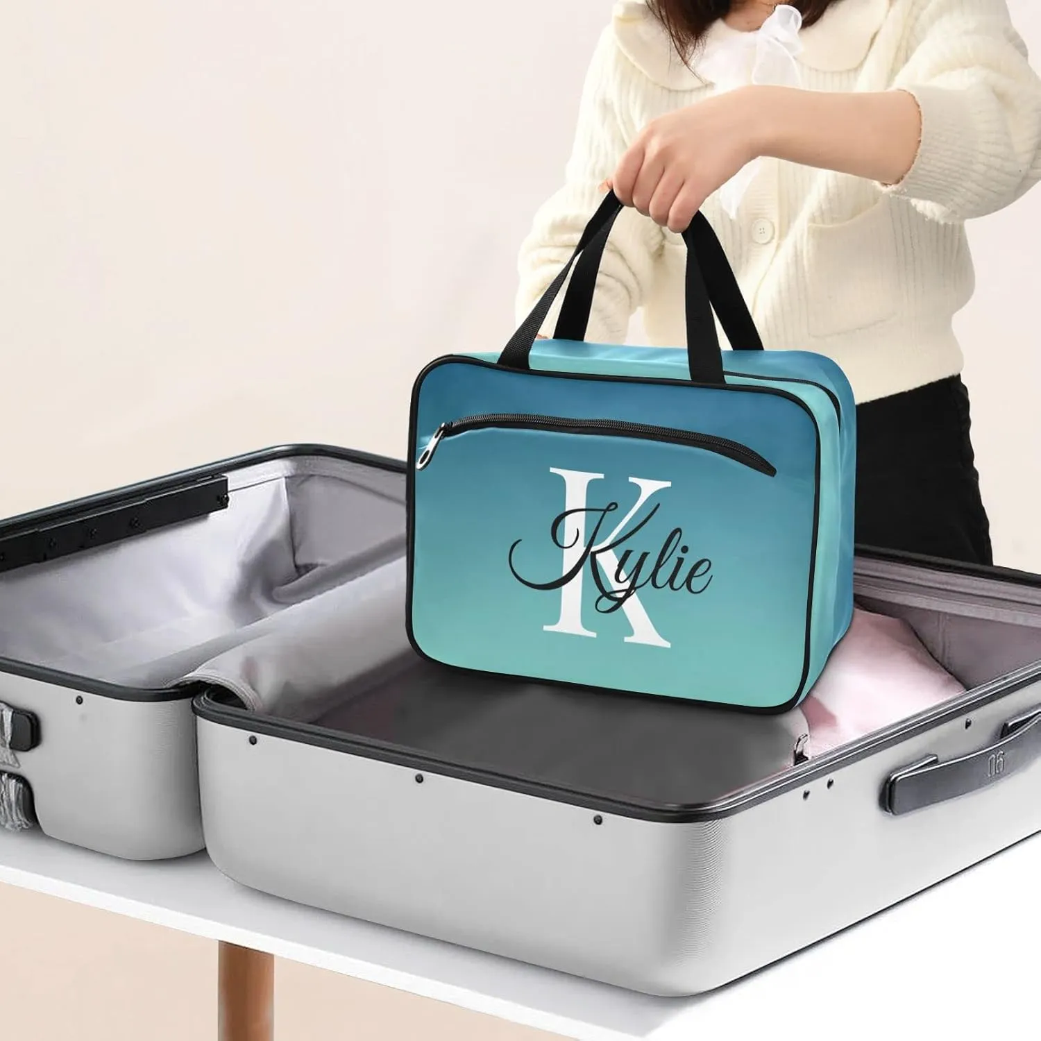 Sinestour Blue Gradient Personalized Toiletry Bag for Women Men Travel Makeup Bag Organizer with Hanging Hook Cosmetic Bags Hanging Toiletry Bag Travel Bag for Toiletries Accessories Gifts Shampoo