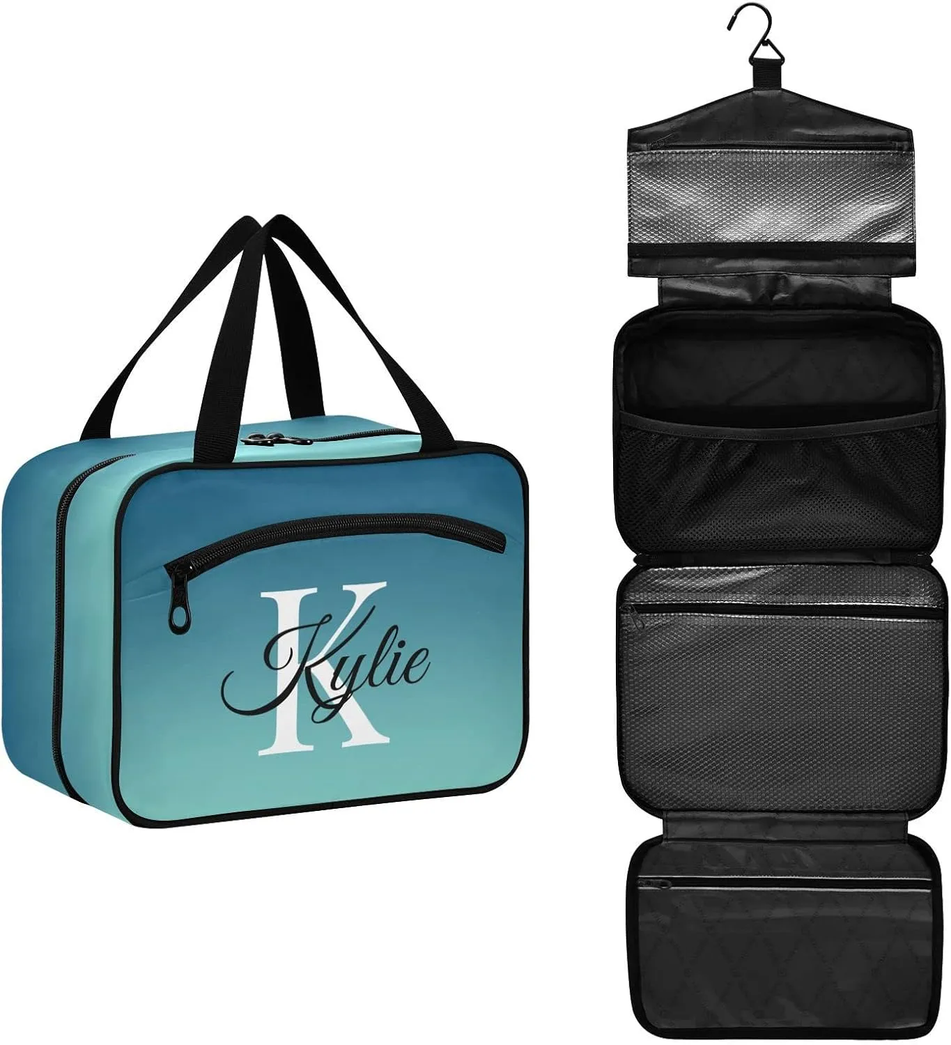 Sinestour Blue Gradient Personalized Toiletry Bag for Women Men Travel Makeup Bag Organizer with Hanging Hook Cosmetic Bags Hanging Toiletry Bag Travel Bag for Toiletries Accessories Gifts Shampoo