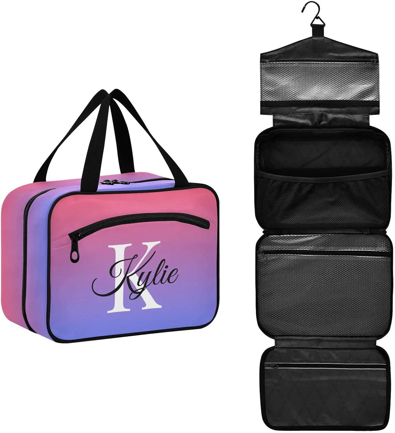 Sinestour Blue Red Gradient Personalized Toiletry Bag for Women Men Travel Makeup Bag Organizer with Hanging Hook Cosmetic Bags Hanging Toiletry Bag Travel Bag for Toiletries Accessories Shampoo