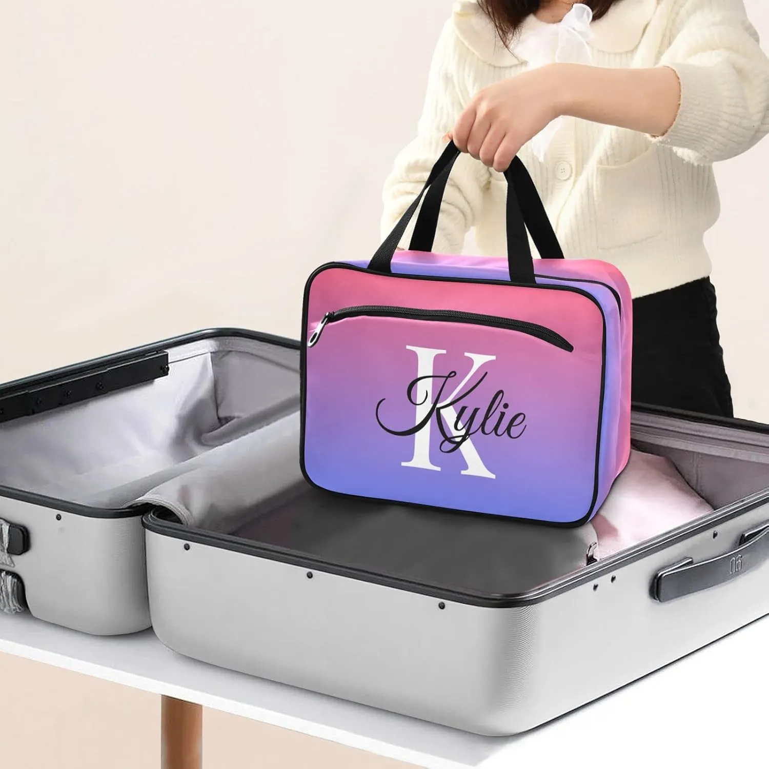 Sinestour Blue Red Gradient Personalized Toiletry Bag for Women Men Travel Makeup Bag Organizer with Hanging Hook Cosmetic Bags Hanging Toiletry Bag Travel Bag for Toiletries Accessories Shampoo