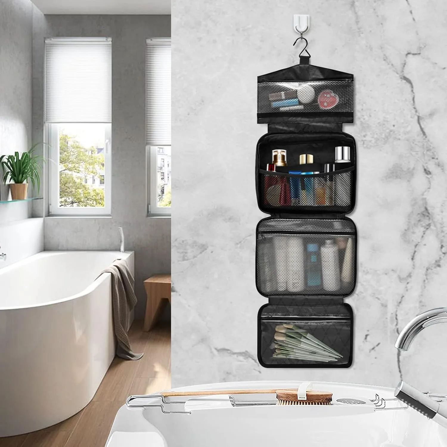 Sinestour Blue Red Gradient Personalized Toiletry Bag for Women Men Travel Makeup Bag Organizer with Hanging Hook Cosmetic Bags Hanging Toiletry Bag Travel Bag for Toiletries Accessories Shampoo
