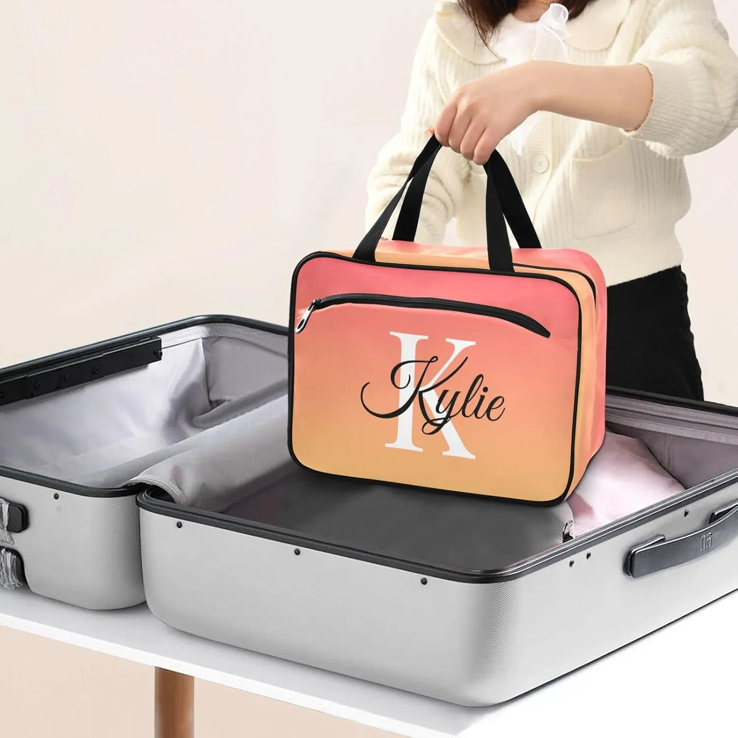 Sinestour Orange Gradient Personalized Toiletry Bag for Women Men Travel Makeup Bag Organizer with Hanging Hook Cosmetic Bags Hanging Toiletry Bag Travel Bag for Toiletries Brushes Accessories Gifts