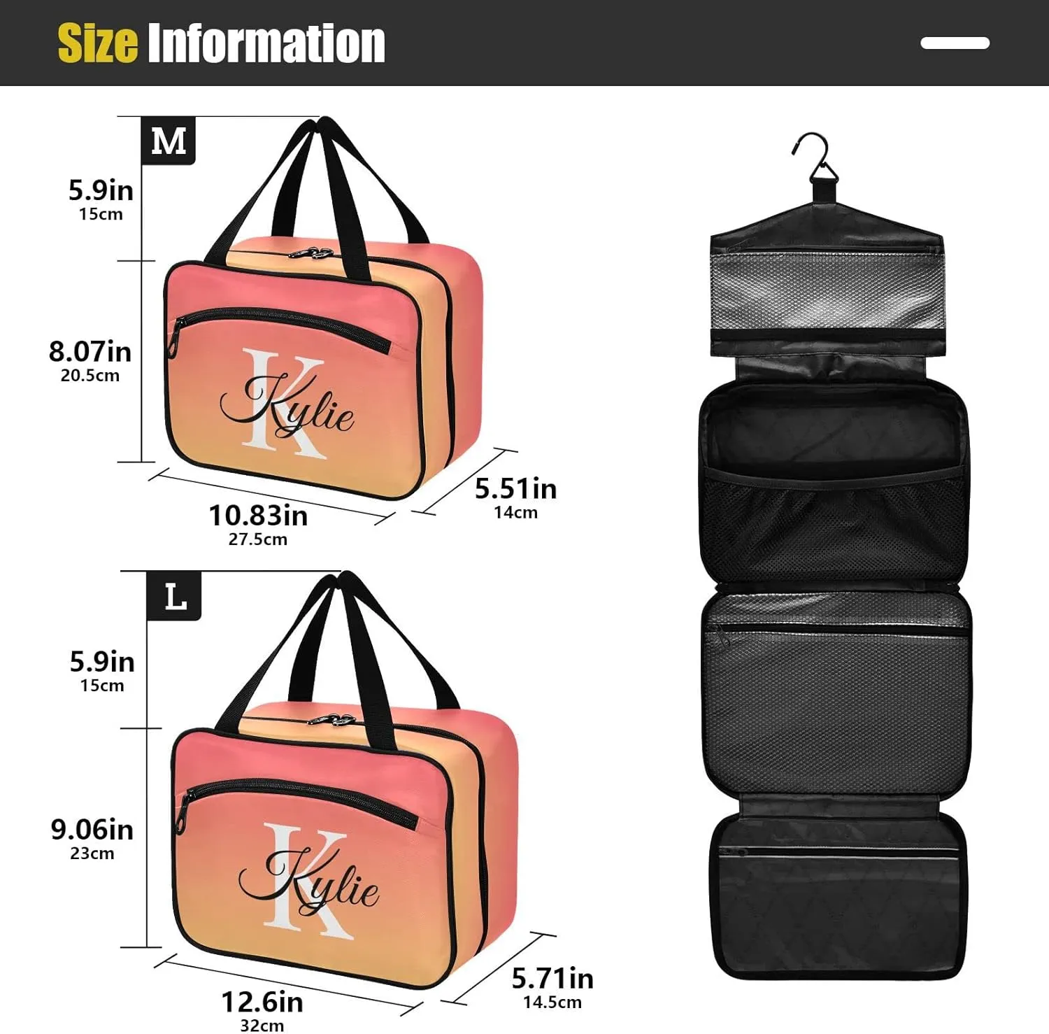 Sinestour Orange Gradient Personalized Toiletry Bag for Women Men Travel Makeup Bag Organizer with Hanging Hook Cosmetic Bags Hanging Toiletry Bag Travel Bag for Toiletries Brushes Accessories Gifts