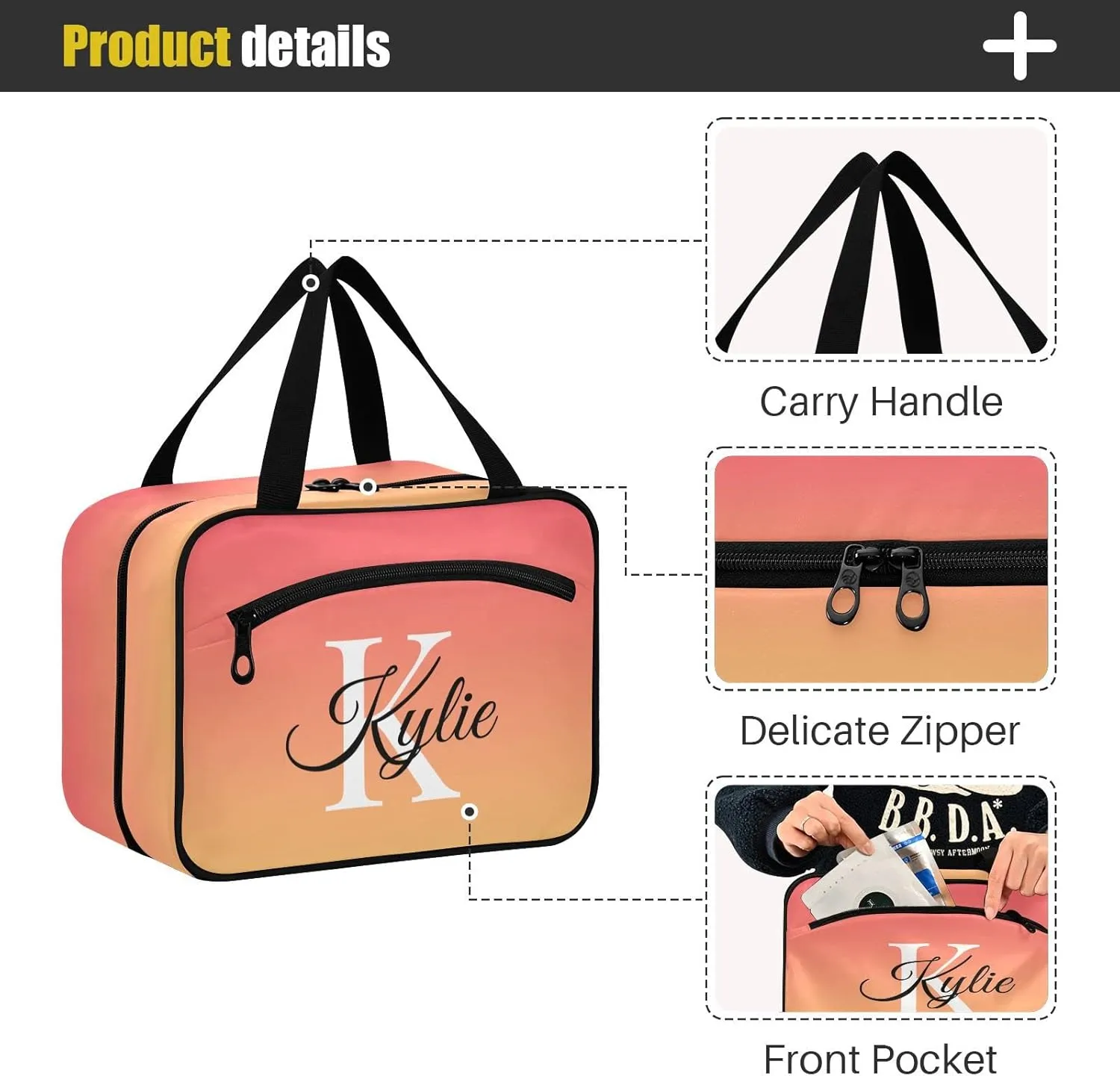 Sinestour Orange Gradient Personalized Toiletry Bag for Women Men Travel Makeup Bag Organizer with Hanging Hook Cosmetic Bags Hanging Toiletry Bag Travel Bag for Toiletries Brushes Accessories Gifts