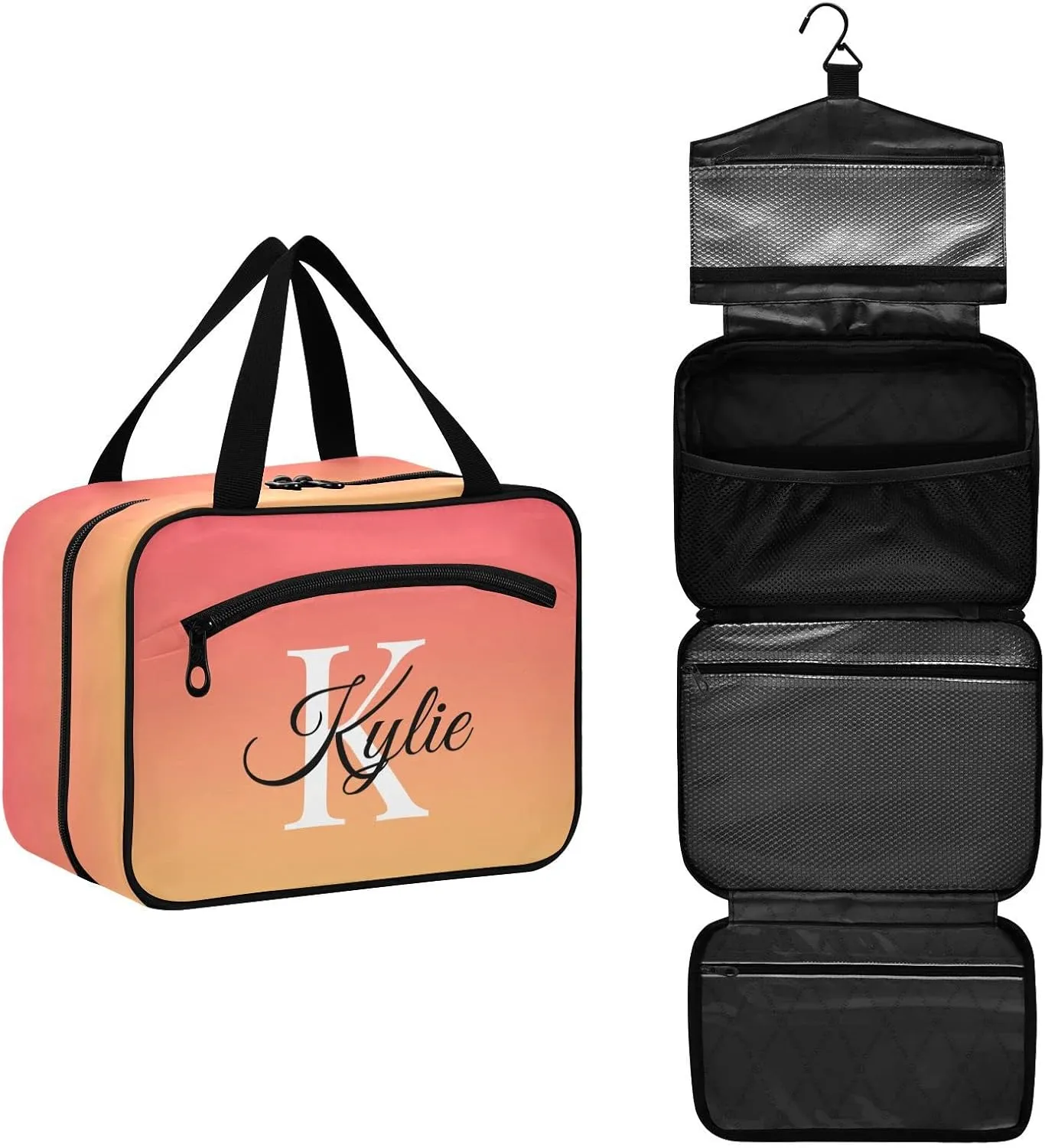 Sinestour Orange Gradient Personalized Toiletry Bag for Women Men Travel Makeup Bag Organizer with Hanging Hook Cosmetic Bags Hanging Toiletry Bag Travel Bag for Toiletries Brushes Accessories Gifts
