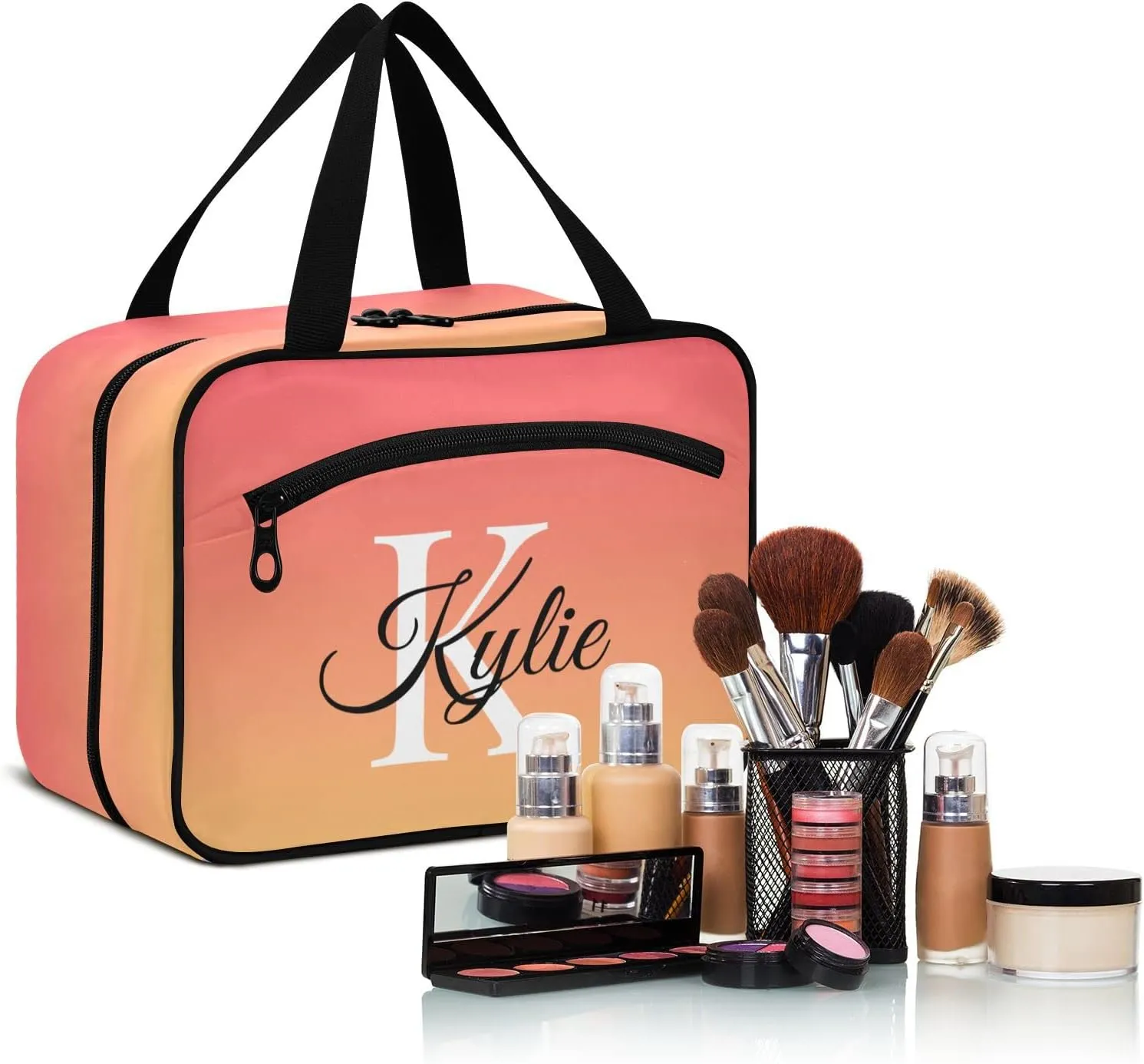 Sinestour Orange Gradient Personalized Toiletry Bag for Women Men Travel Makeup Bag Organizer with Hanging Hook Cosmetic Bags Hanging Toiletry Bag Travel Bag for Toiletries Brushes Accessories Gifts