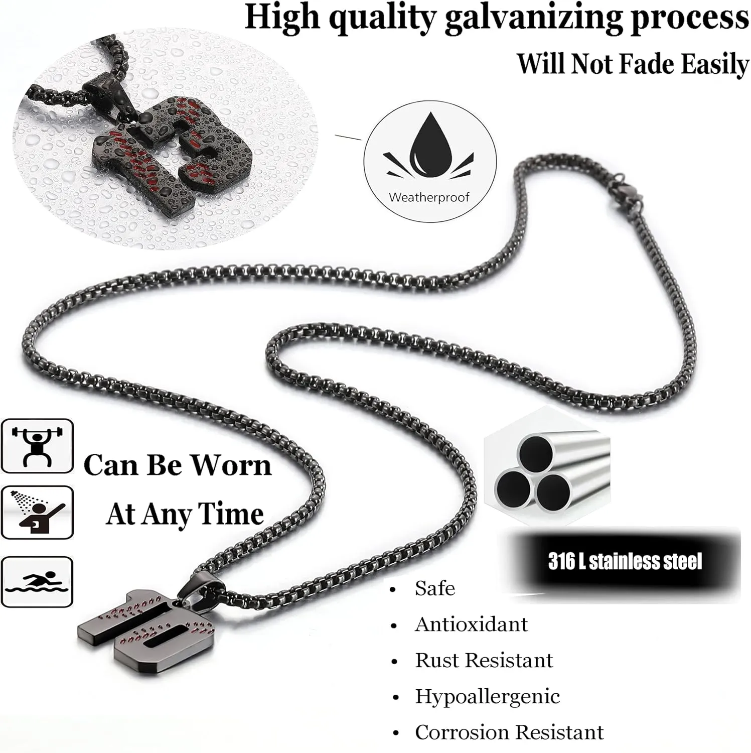 SKQIR Baseball Jersey Number Pendant for Men & Boys - Stainless Steel Chain for Athletes - Black