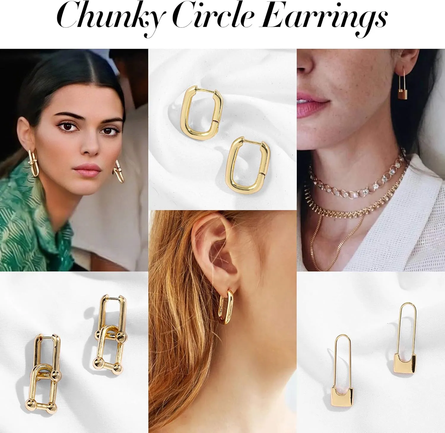 SLOONG 3 Pairs 14k Gold Plated Ball U Shape Pin Y2K Style Chunky Earring Link Chain Chunky Circle Hoop Earrings Paperclip Link Chain Jewelry Drop Dangle Earrings set for women