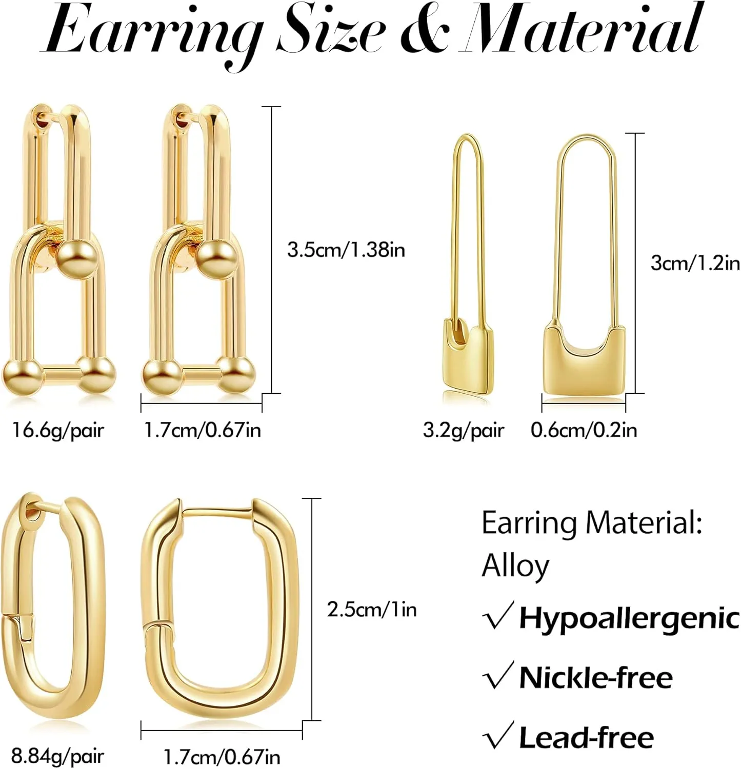 SLOONG 3 Pairs 14k Gold Plated Ball U Shape Pin Y2K Style Chunky Earring Link Chain Chunky Circle Hoop Earrings Paperclip Link Chain Jewelry Drop Dangle Earrings set for women
