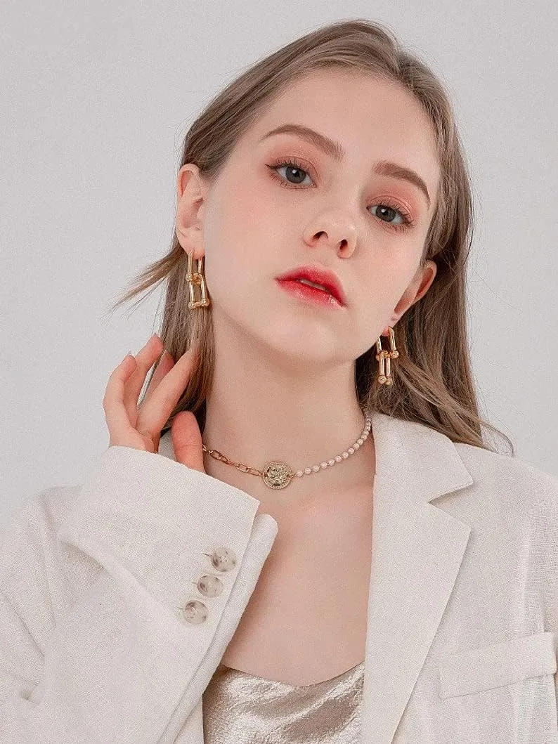 SLOONG 3 Pairs 14k Gold Plated Ball U Shape Pin Y2K Style Chunky Earring Link Chain Chunky Circle Hoop Earrings Paperclip Link Chain Jewelry Drop Dangle Earrings set for women