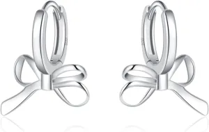 SLUYNZ 925 Sterling Silver Bow Hoop Earrings for Women Teens Ribbon Huggie Earrings for Mother's Day