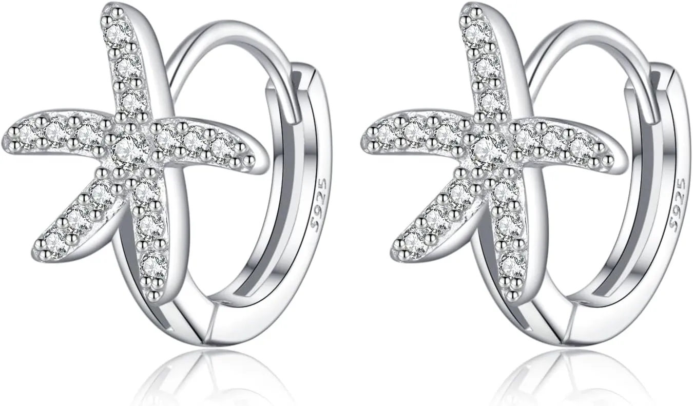 SLUYNZ 925 Sterling Silver CZ Starfish Hoop Earrings for Women Teens Starfish Small Hoop Earrings Huggie Small Beach Earrings