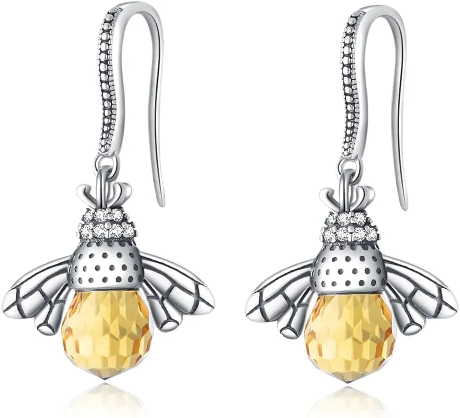 SLUYNZ 925 Sterling Silver Queen Bee Dangle Earrings for Women Mother's Day Gifts Crystal Bee Jewelry