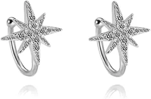 SLUYNZ 925 Sterling Silver Sparkling CZ Star Cuff Earrings for Women No Piercing Cartilage Earrings