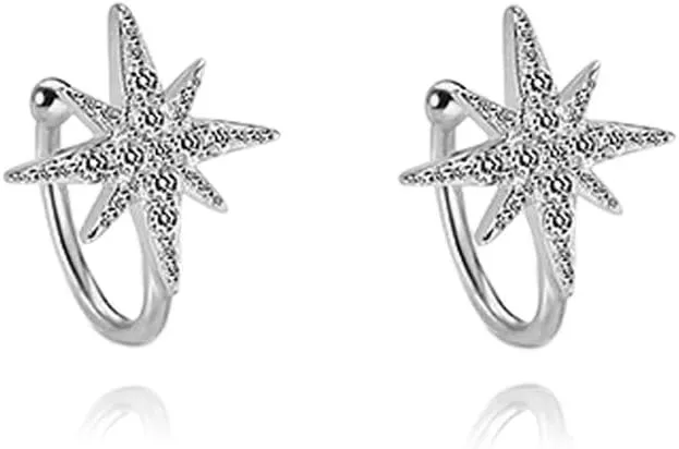 SLUYNZ 925 Sterling Silver Sparkling CZ Star Cuff Earrings for Women No Piercing Cartilage Earrings