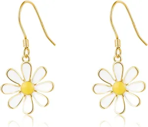 SLUYNZ 925 Sterling Silver White Flower Dangle Earrings for Women Teen Girls Daisy Flower Drop Earrings Summer Spring