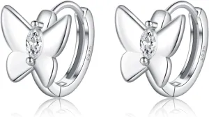 SLUYNZ Solid 925 Sterling Silver CZ Butterfly Earrings Hoop for Women Teens Butterfly Hoop Earrings Huggie