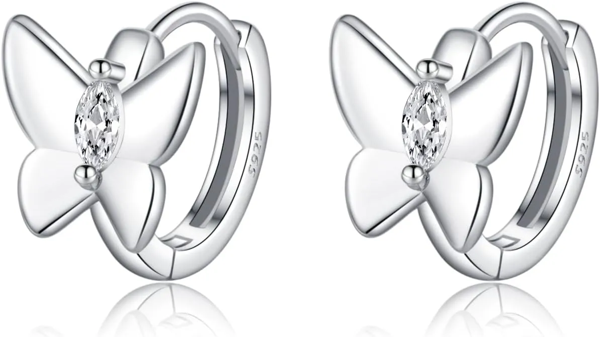 SLUYNZ Solid 925 Sterling Silver CZ Butterfly Earrings Hoop for Women Teens Butterfly Hoop Earrings Huggie