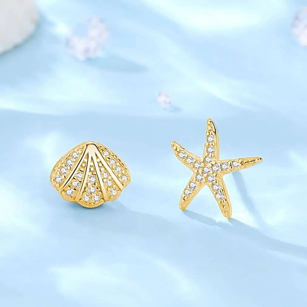 SLUYNZ Sterling Silver CZ Starfish Shell Stud Earrings for Women Teens Small Shell Stud Earrings Beach Stud Earrings