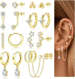 Small Gold Hoop Earrings Set for Women - 14K Gold Plated Hypoallergenic Huggie Hoop Studs Earring Stacks for Sensitive Ears - Cartilage Earring Sets for Multiple Piercing 8 Pairs