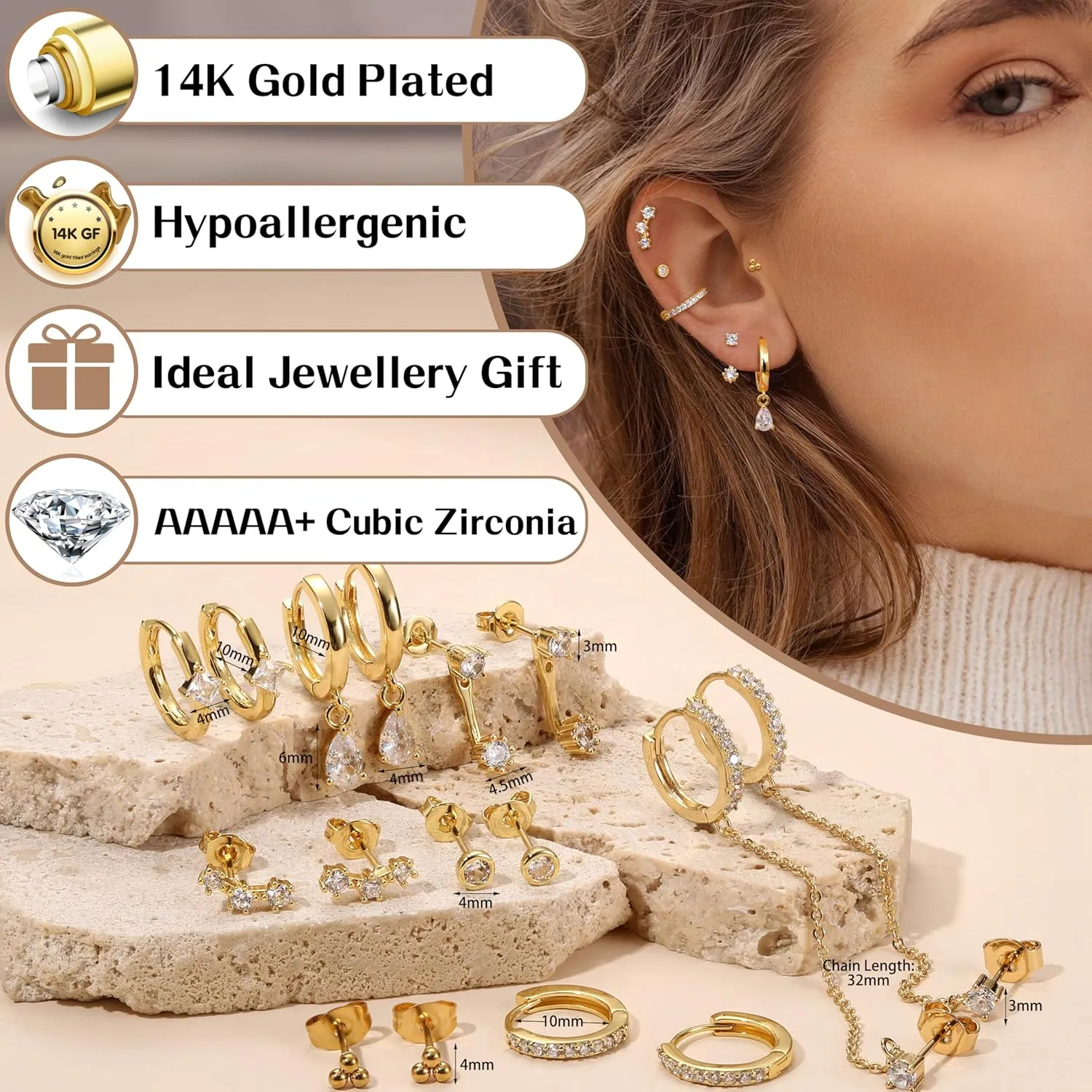 Small Gold Hoop Earrings Set for Women - 14K Gold Plated Hypoallergenic Huggie Hoop Studs Earring Stacks for Sensitive Ears - Cartilage Earring Sets for Multiple Piercing 8 Pairs